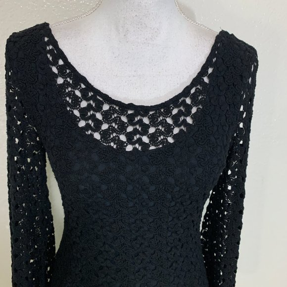 Free People Black Crochet Bell Sleeve Lined Dress - Picture 4 of 7